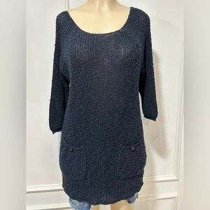 FREE PEOPLE Tunic Sweater Navy Blue Loose Knit Scoop Neck 3/4 Sleeve Pockets